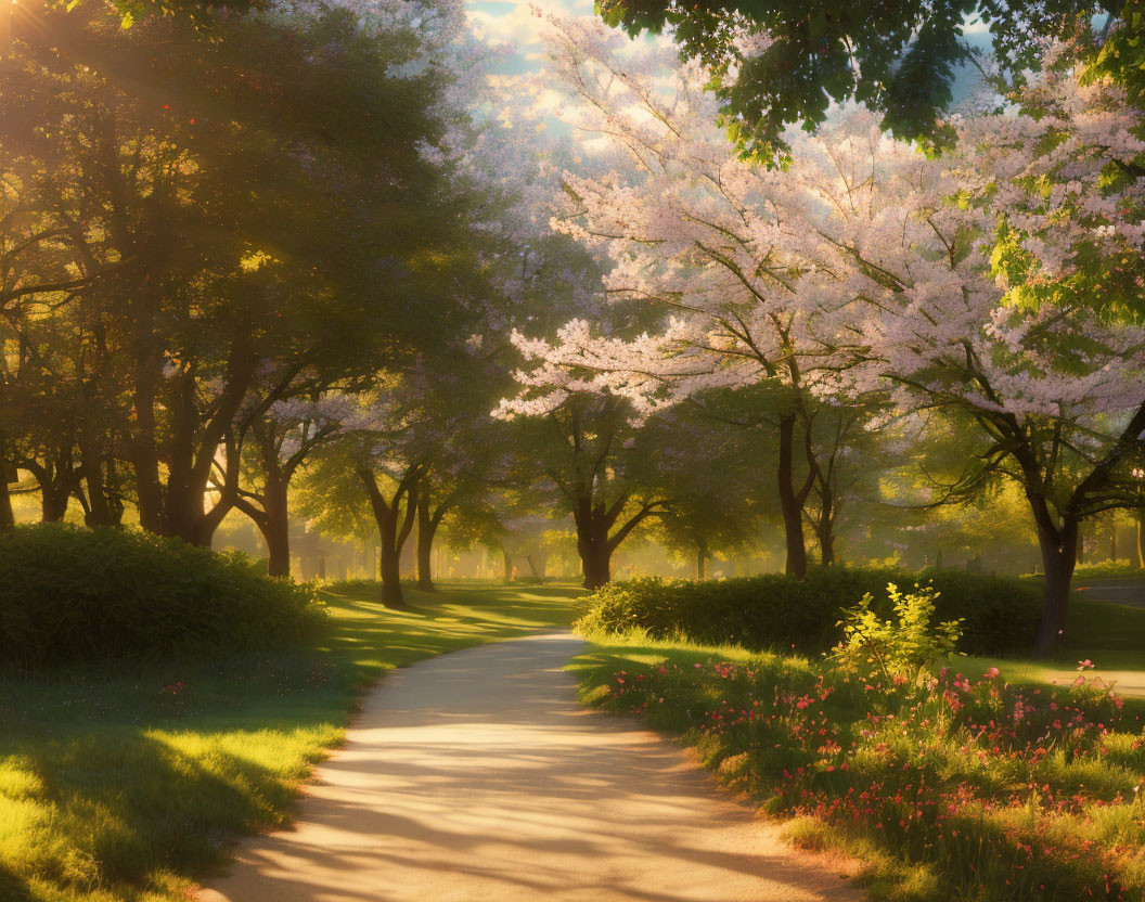 Cherry blossoms and lush greenery on a serene park path