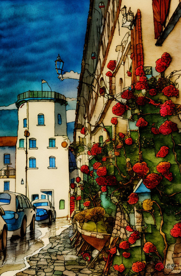 Colorful Watercolor Painting of European Street with Tower & Vines