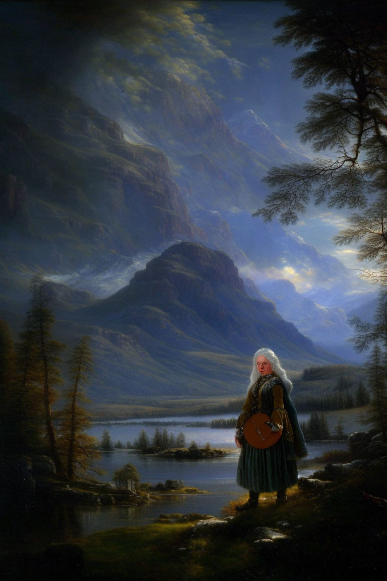 Elderly person with white hair standing by serene lake with lute