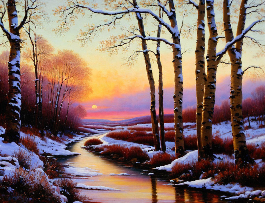 Snow-covered Riverbank at Sunset with Birch Trees