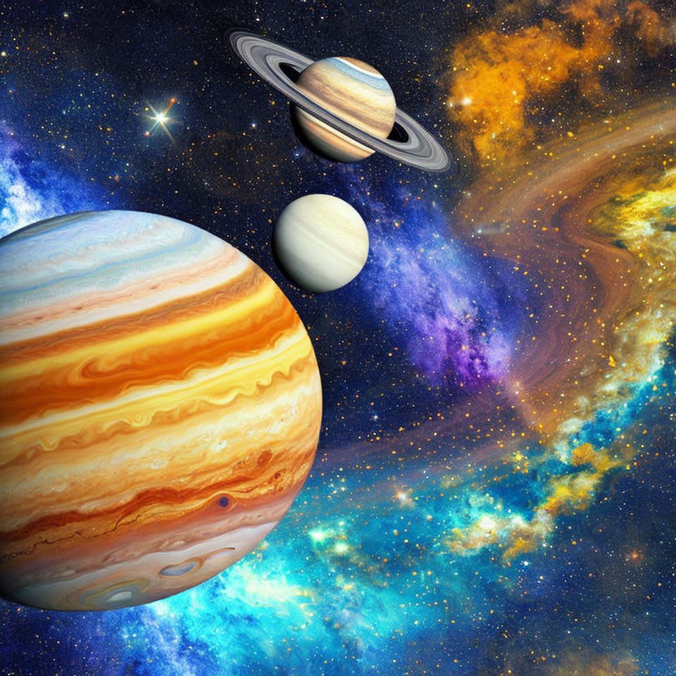 Colorful space scene with Jupiter, Saturn's rings, and nebula background.