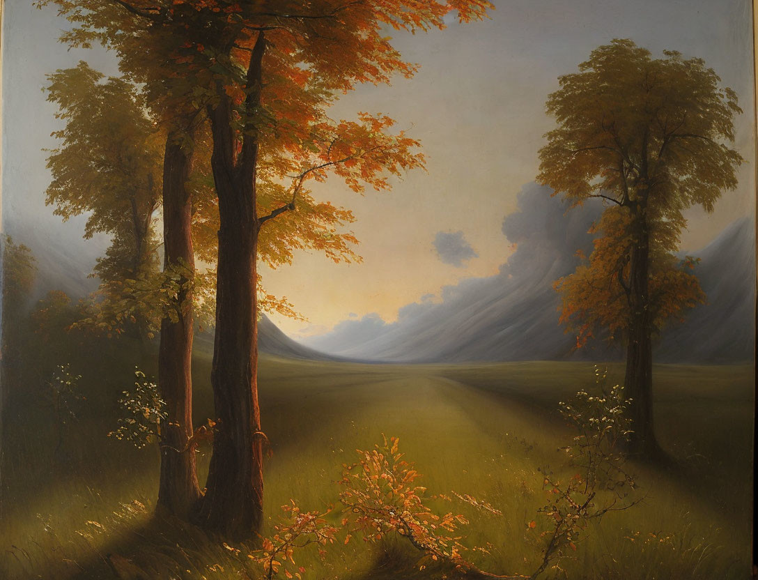 Autumn landscape painting: golden trees, misty mountains.