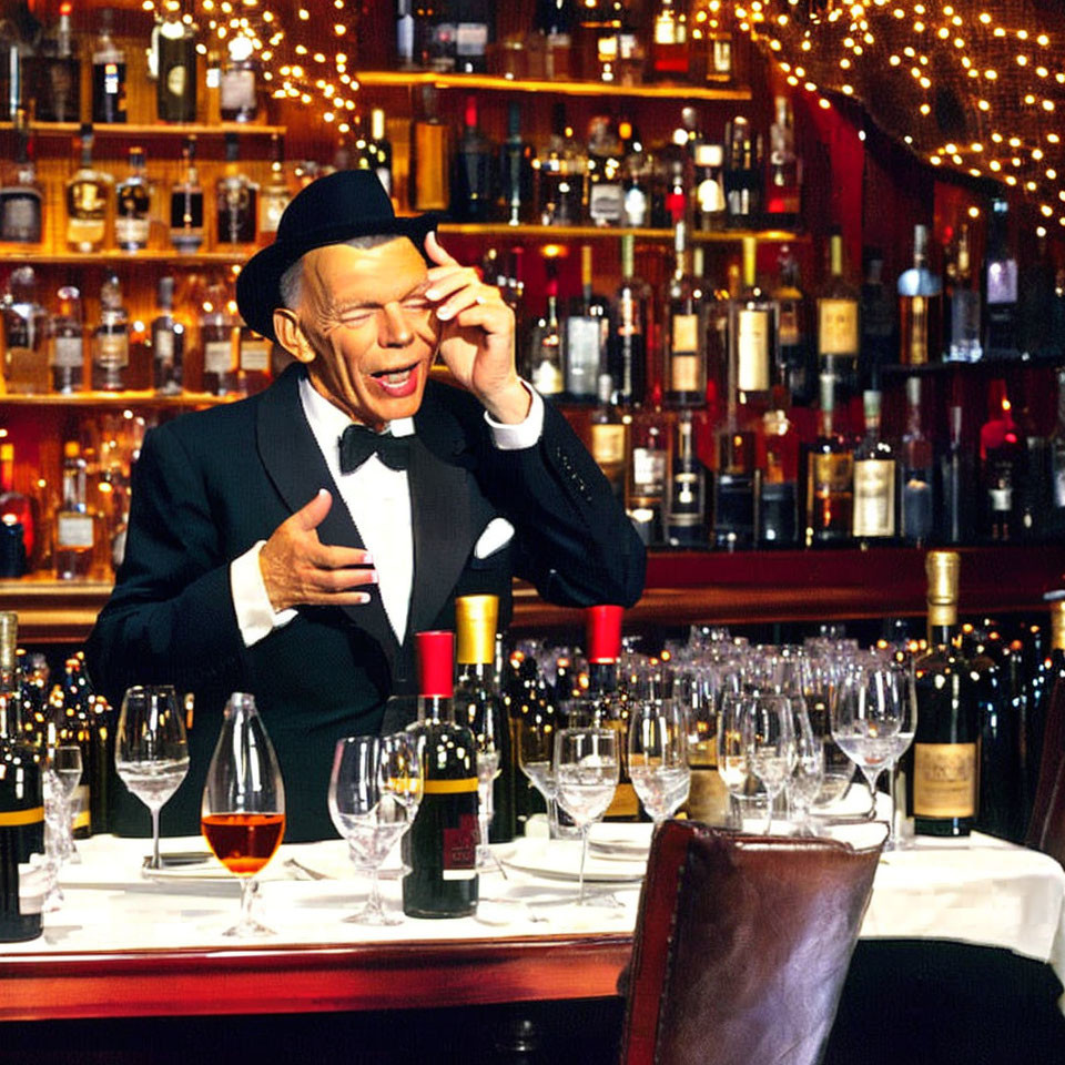 Elegantly dressed person laughing in luxurious bar setting with wine glasses and bottles