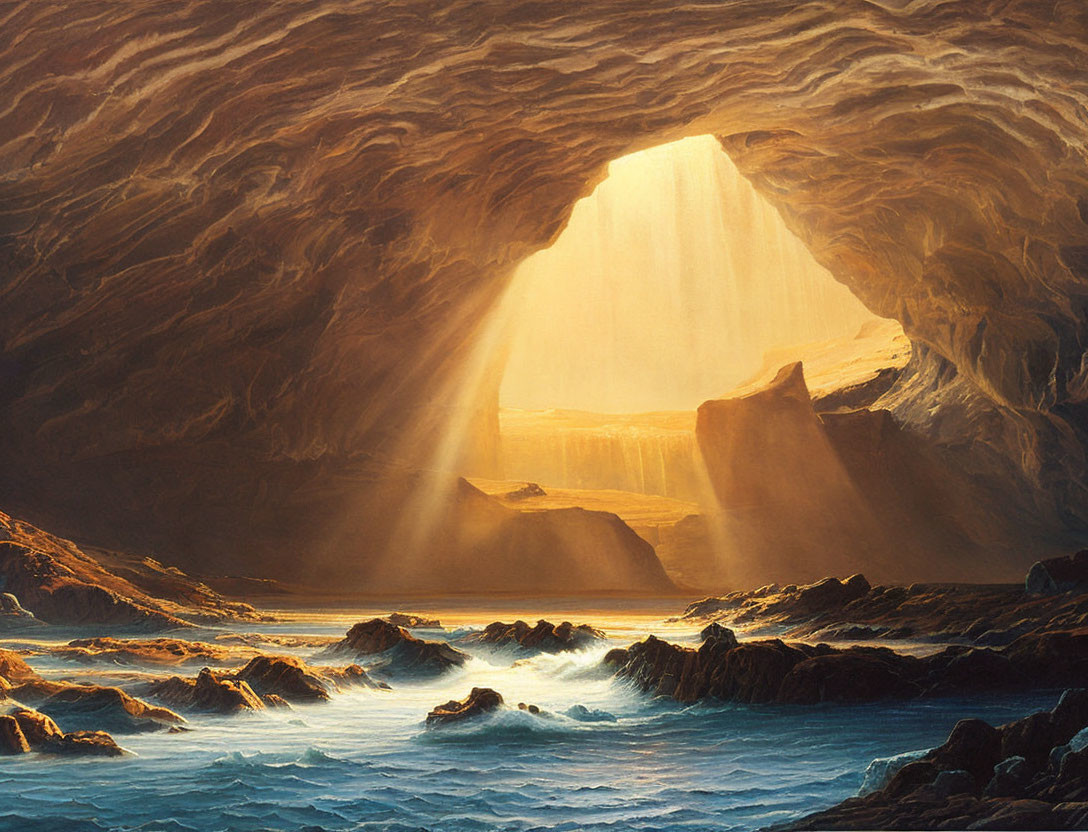 Sunlit sea cave with crashing waves and golden sunlight.