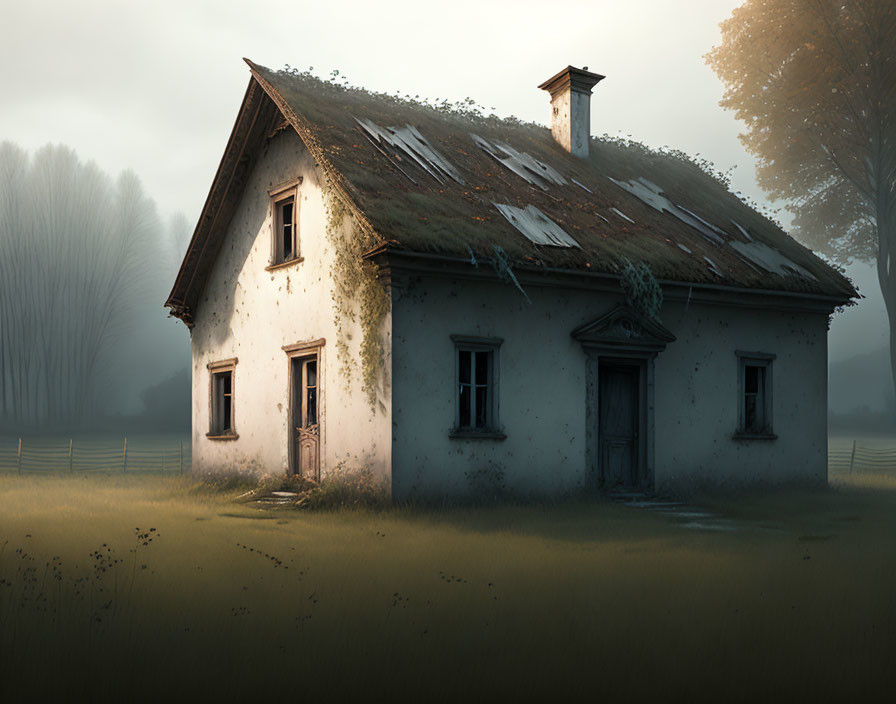 Weathered Cottage with Moss-Covered Roof in Misty Field