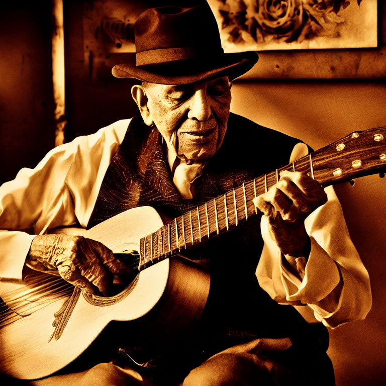 Elderly man playing acoustic guitar in warm-toned photograph