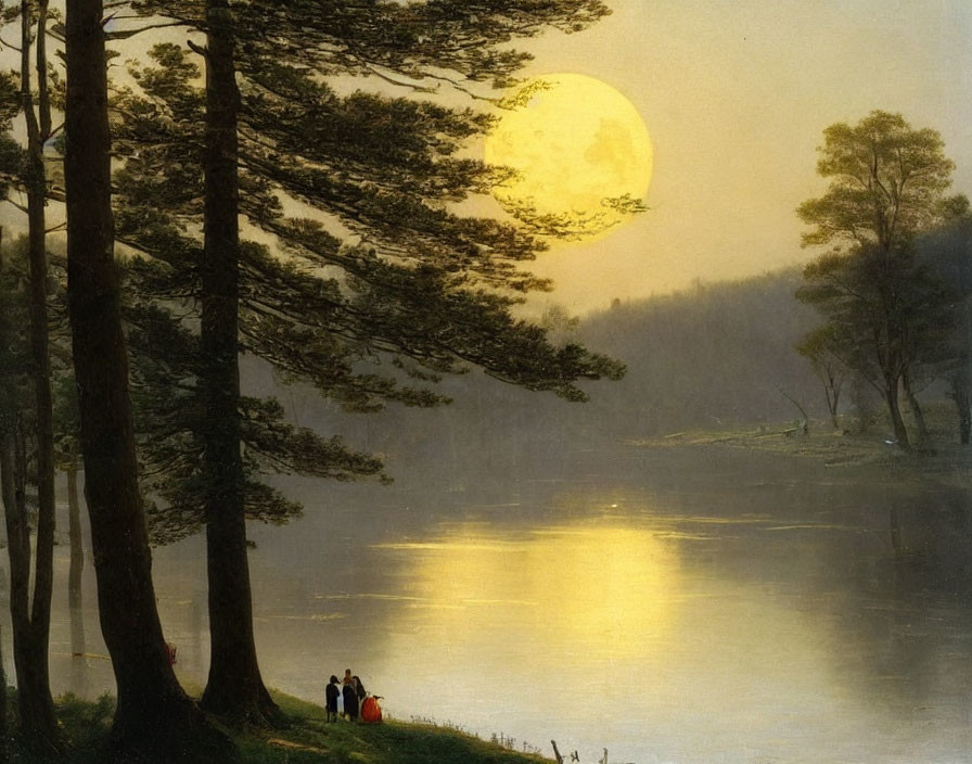 Full Moon Rising Above Calm Lake with Silhouettes of Trees and Three Individuals