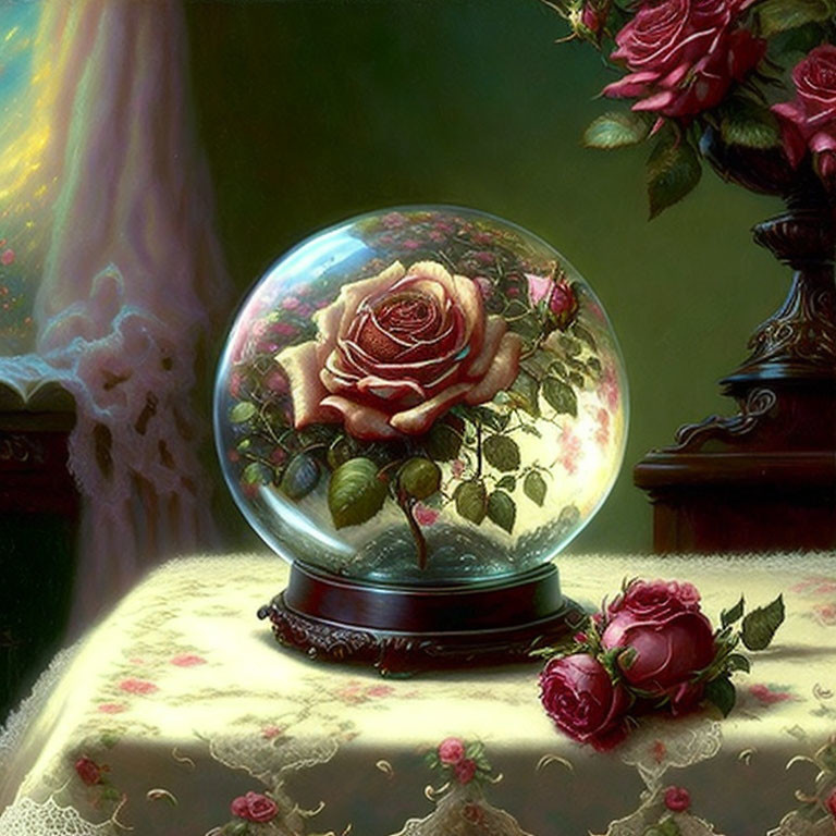 Vibrant rose in crystal ball on lace-draped table with soft lighting