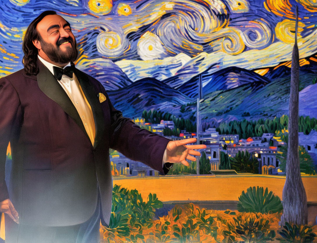 Man in tuxedo smiling against Van Gogh's Starry Night and landscape painting