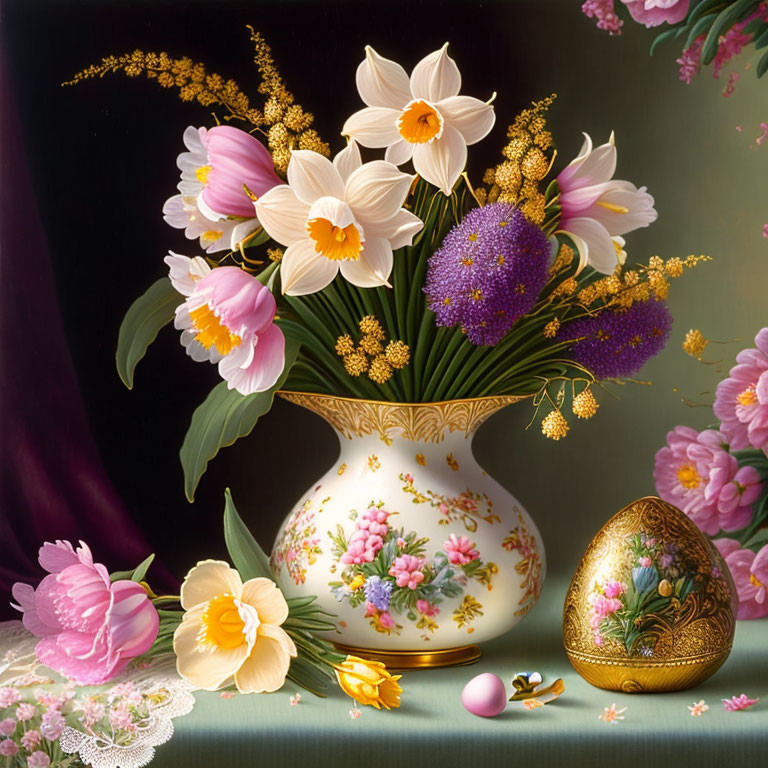 Floral still life with daffodils, pink blooms, golden egg, and petals