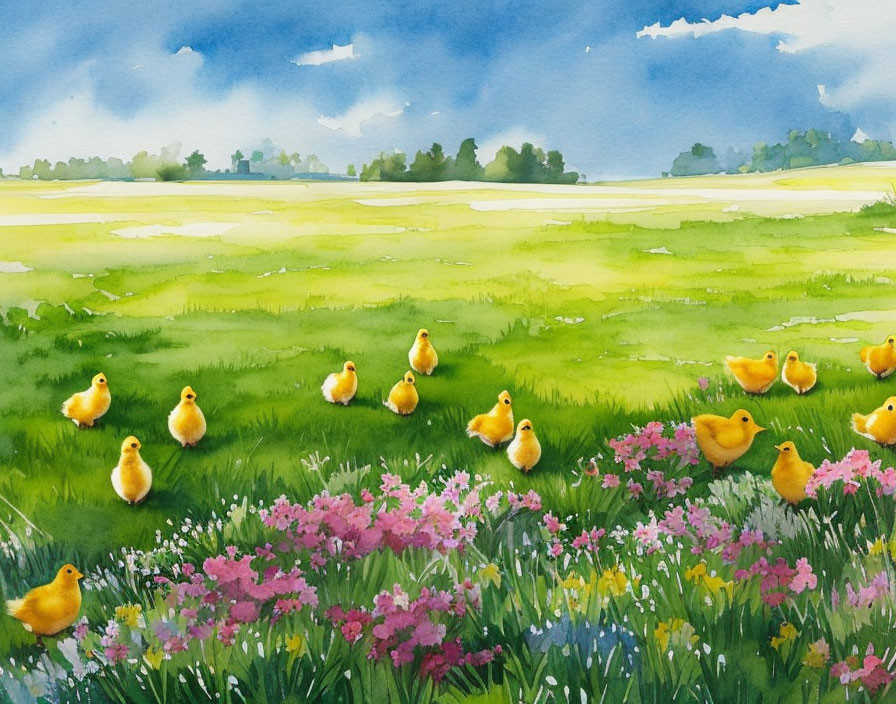 Vibrant watercolor painting of green field with ducklings and flowers