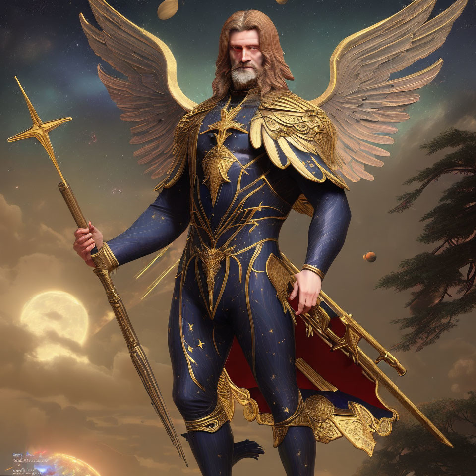 Golden-armored angel with spear and sword in celestial setting