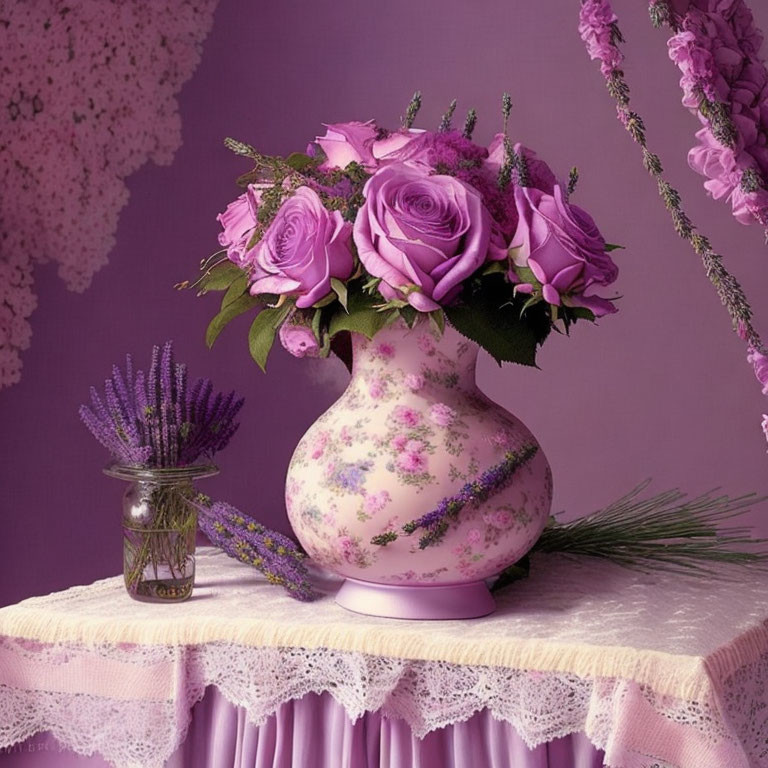 Pink roses in vintage vase with lavender jar on lace table, purple backdrop