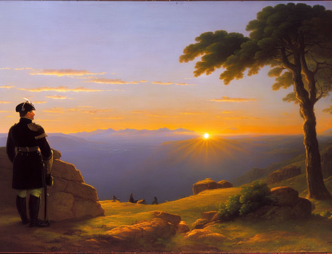 Uniformed Figure on Cliff Admiring Sunrise and Mountains with Tree