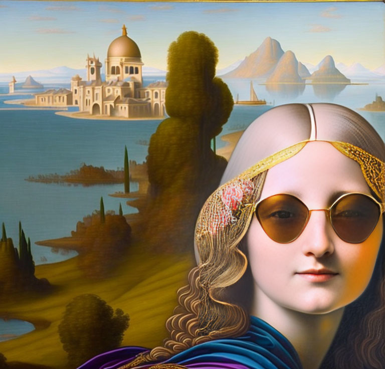 Surreal portrait blending Mona Lisa with modern sunglasses in idyllic landscape