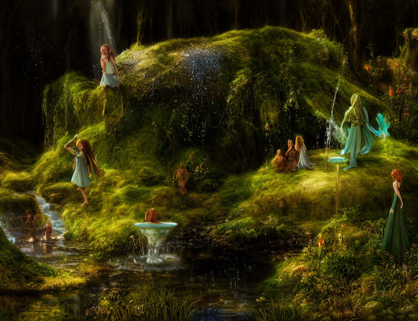 Ethereal forest scene with luminous creatures and serene waterfall