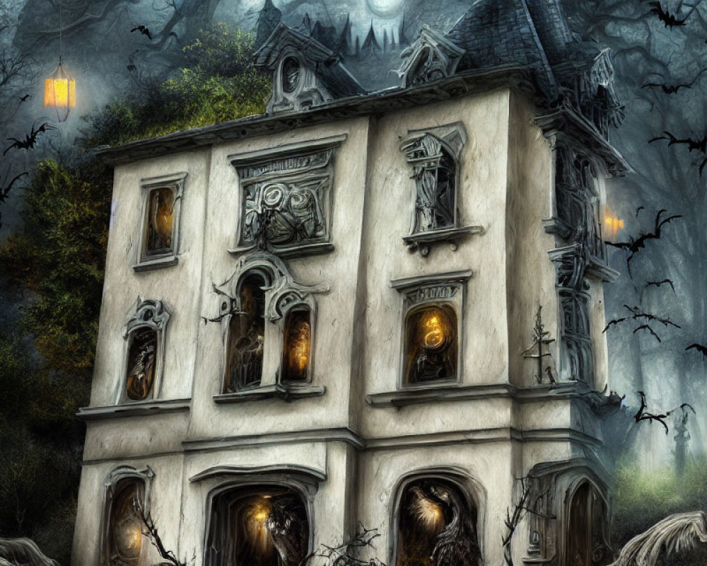 Spooky haunted house in fog with bats, lit windows, and bare trees