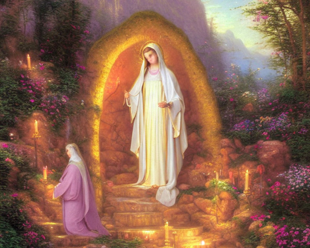 Celestial figure in white robes in radiant archway grotto scene