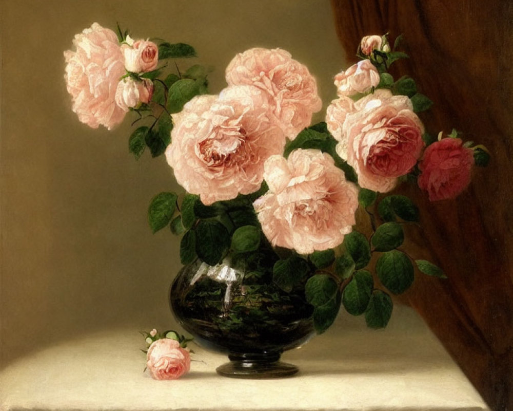 Classic Still Life Painting: Pink Roses in Black Vase