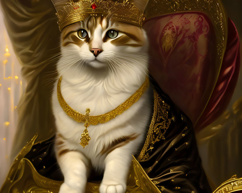 Royal cat with golden crown and jewelry on luxurious throne