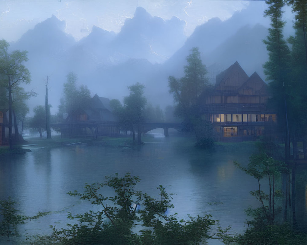 Tranquil dusk scene: river, village, bridge, trees, mountains