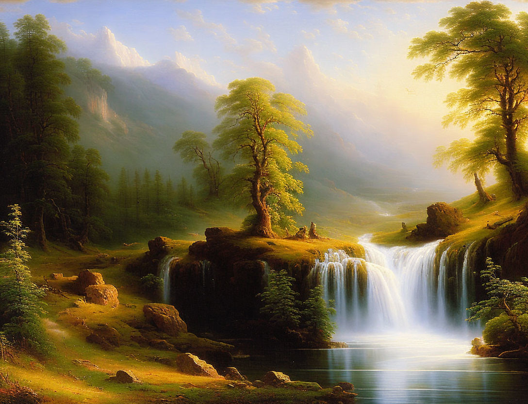 Tranquil landscape: waterfall, river, lush trees, misty mountains