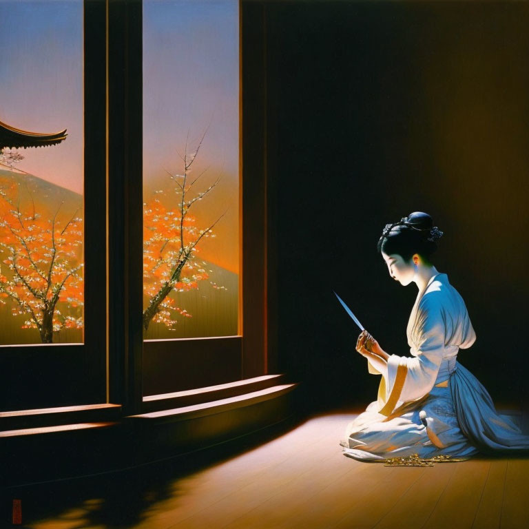 Japanese woman in traditional dress admires blade by open window