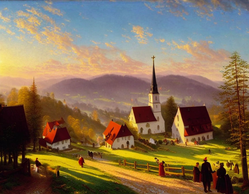 Scenic village with white church, red-roofed houses, and sunset sky