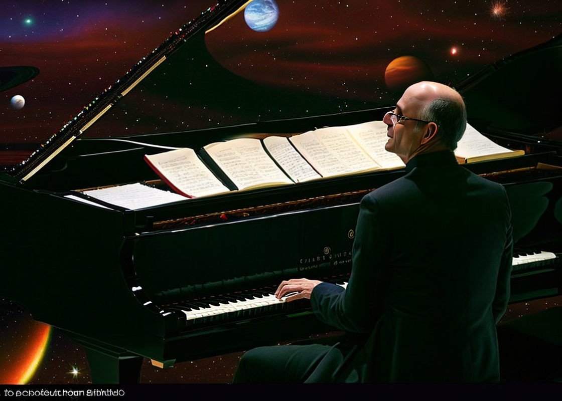 Bald Man Playing Piano in Cosmic Setting