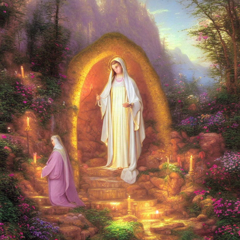 Celestial figure in white robes in radiant archway grotto scene