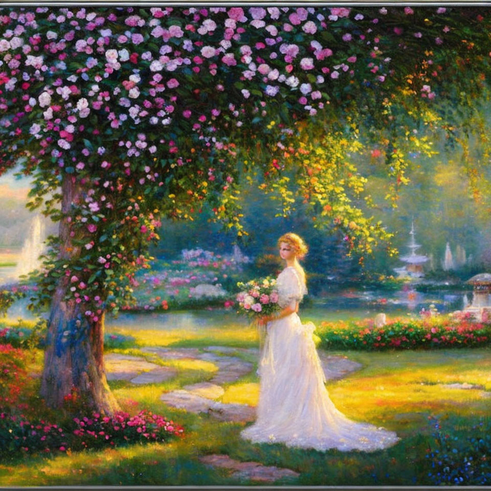 Woman in white dress under blossoming tree with pink flowers by serene lake.