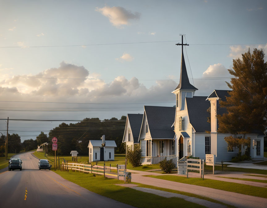 Quaint church with steeple in warm sunlight by road at dusk