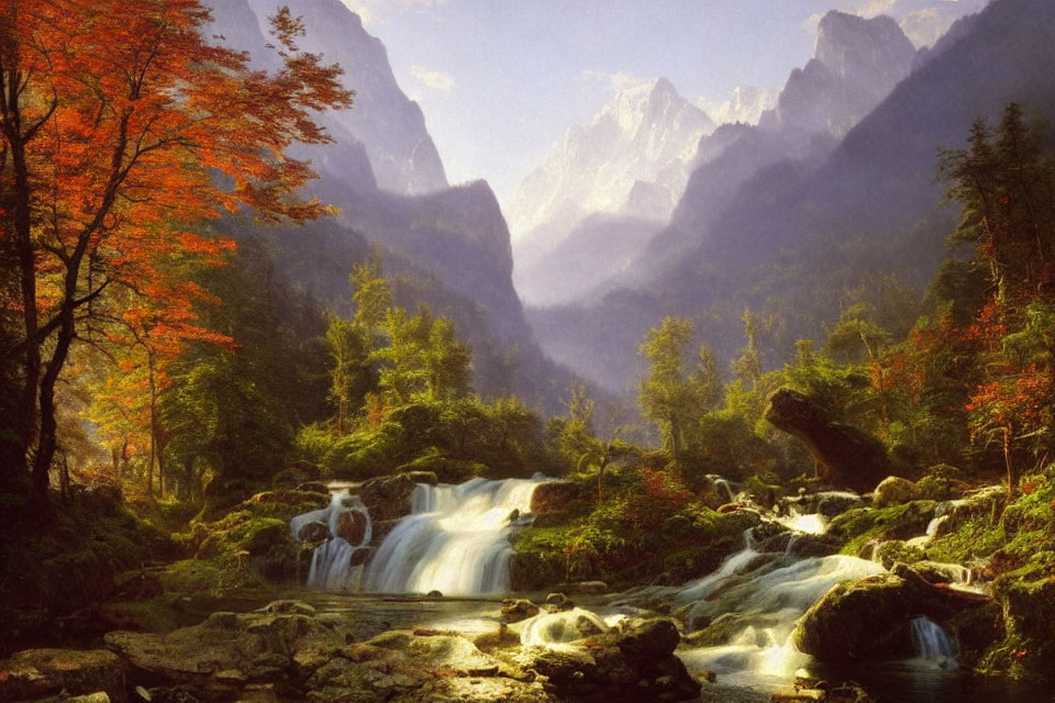 Tranquil autumn landscape with waterfall, rocks, trees, and misty mountains