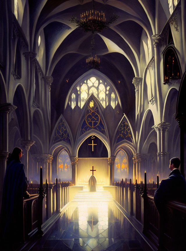 Cathedral interior with vaulted ceilings and stained glass windows