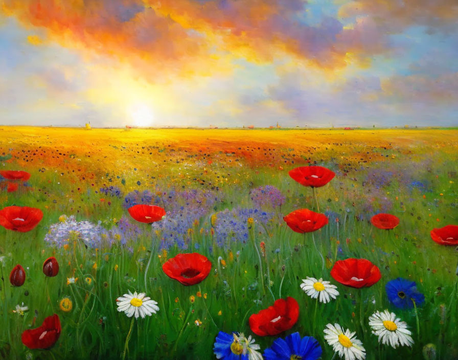 Colorful sunset meadow painting with red poppies and white daisies