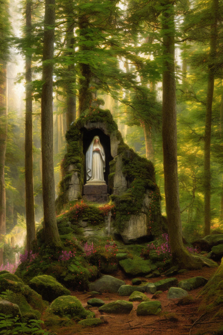 Lush green forest with statue, sunlight, and flowers