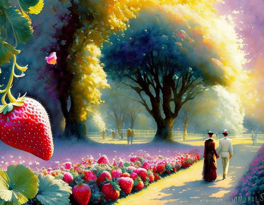 Vibrant fantastical landscape with oversized strawberries and colorful trees