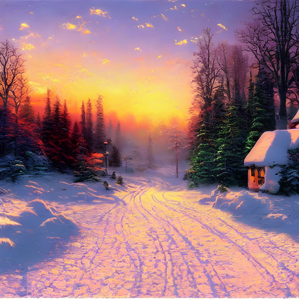 Snowy Sunset Scene: Cottage, Trees, Vibrant Sky