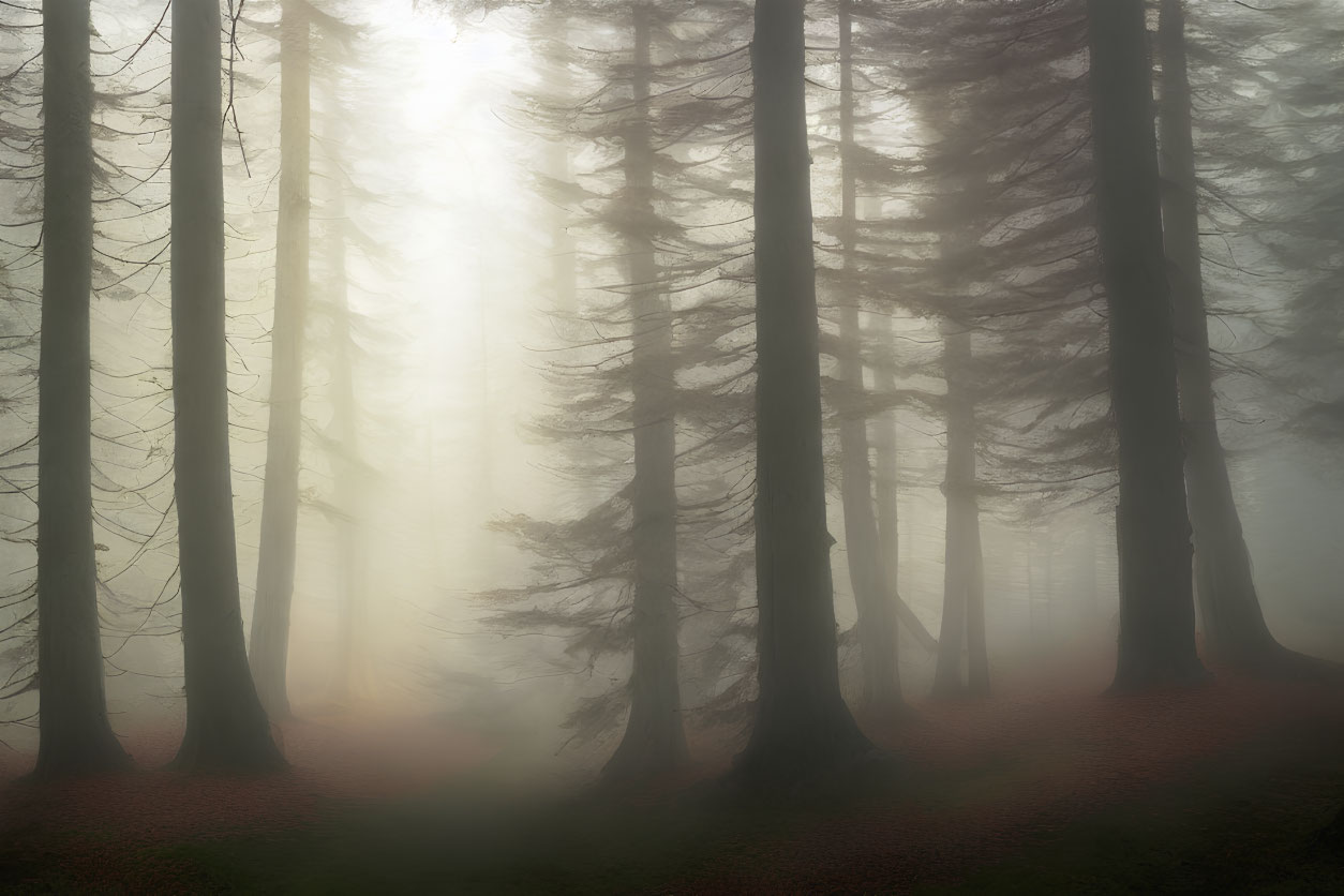 Misty forest with tall trees and sun rays through fog