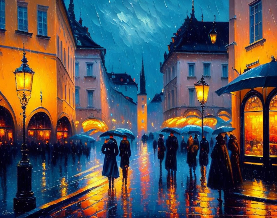 Colorful painting of people with umbrellas on wet cobblestones in a rainy city evening