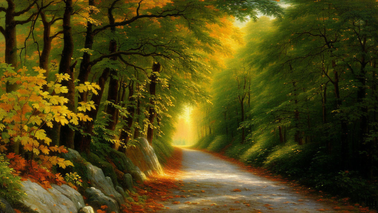 Sunlit Path Through Autumn Forest with Glowing Warm Light