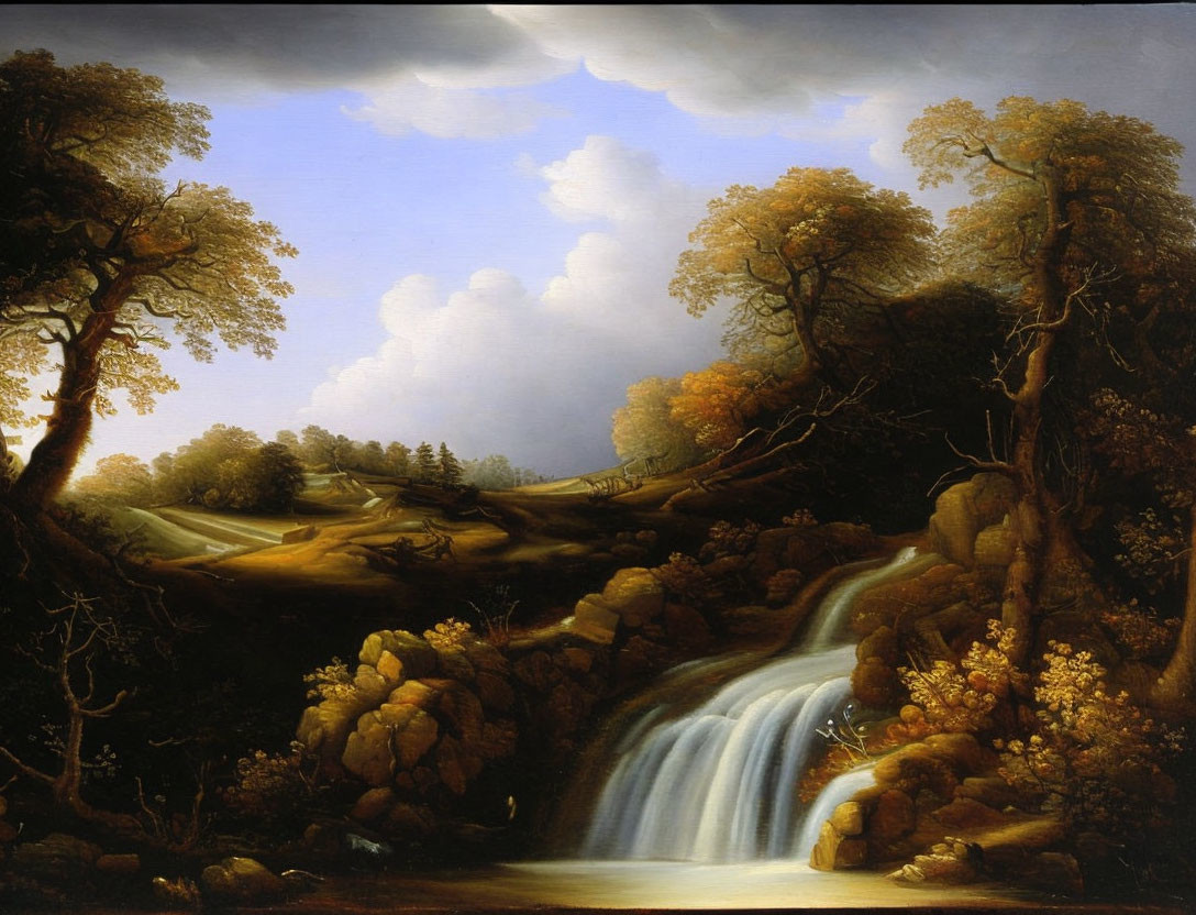 Tranquil forest waterfall painting with golden trees & cloudy sky