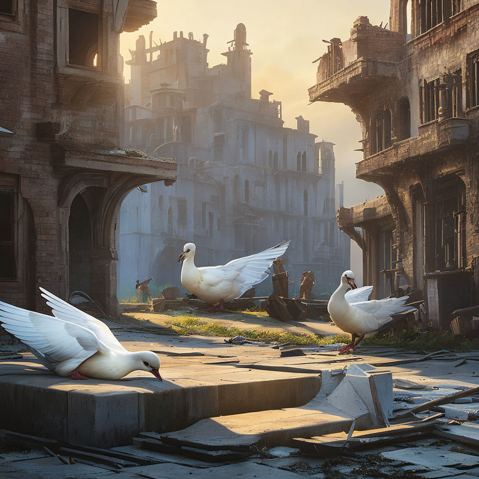 Urban landscape with three pigeons and figures in the background