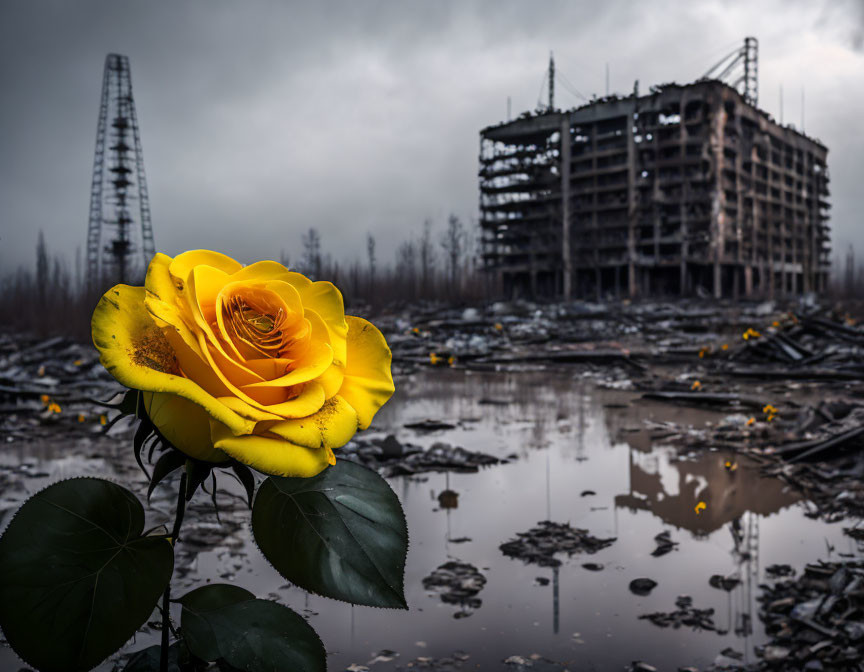 Yellow Rose Contrasts with Industrial Ruin and Murky Water