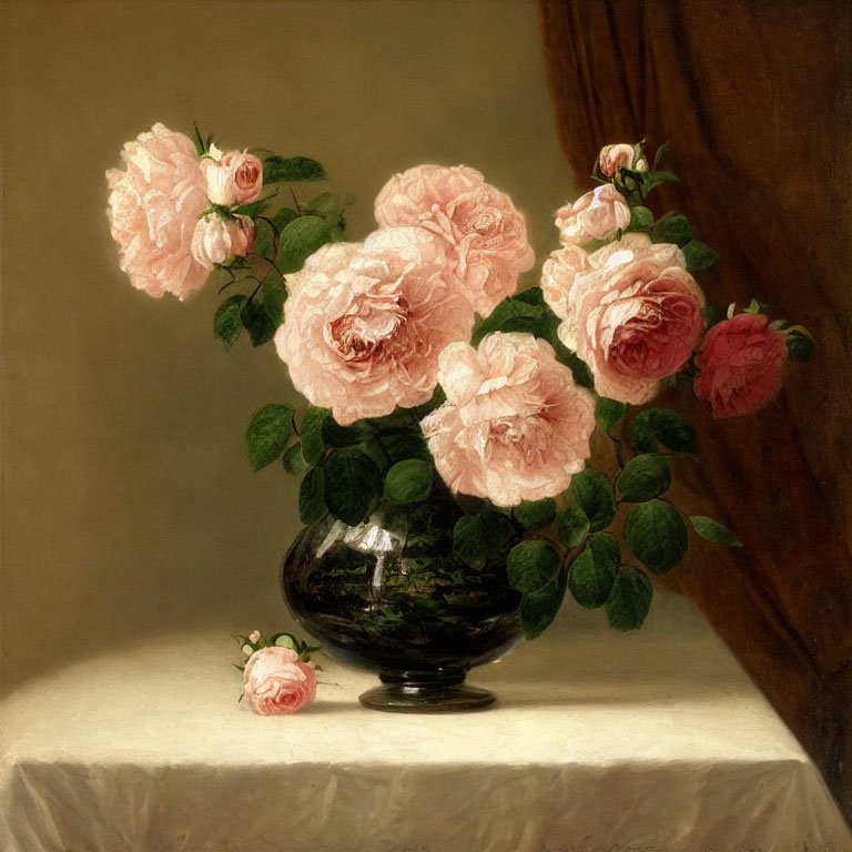 Classic Still Life Painting: Pink Roses in Black Vase