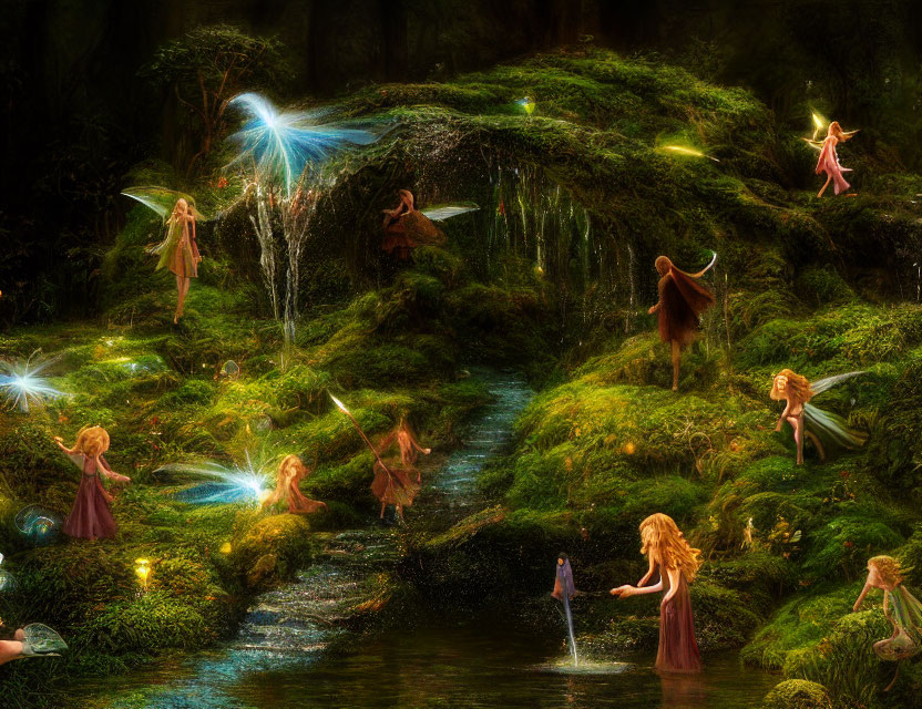 Enchanted forest with fairy-like creatures and glowing lights