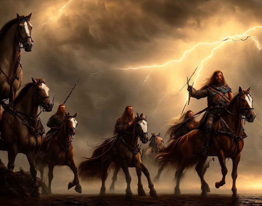 Four armored warriors on horseback under stormy sky with lightning - epic battle scene