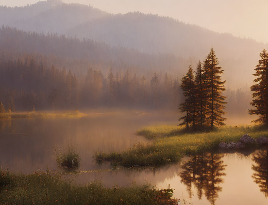 Tranquil Sunrise Scene: Misty Lake, Forested Hills, Golden Light