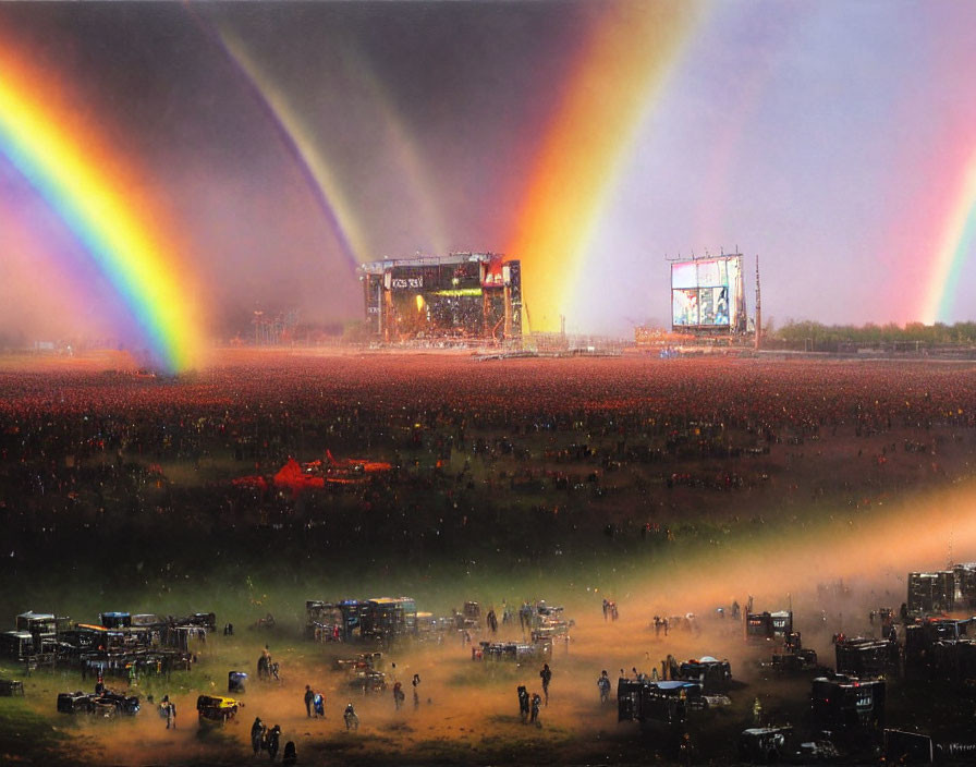 Outdoor Festival: Large Crowd and Double Rainbow