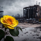 Yellow Rose Contrasts with Industrial Ruin and Murky Water